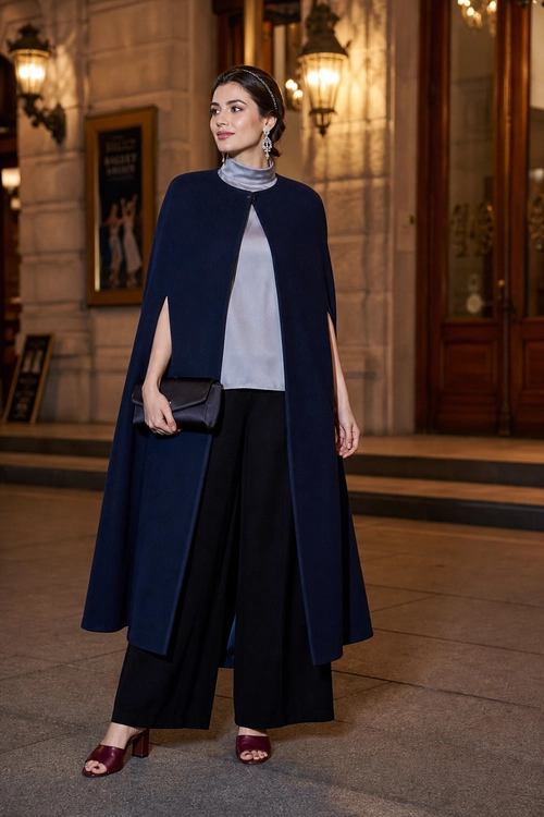 Navy Cape and Wide-Leg Trousers A woman wears a navy cape over a gray high-neck top with black wide-leg trousers, burgundy heeled sandals, and a black clutch.