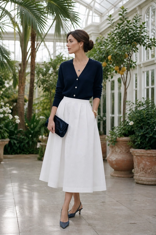 Navy Cardigan and White Midi Skirt Outfit A woman wears a navy button-front cardigan with a white full midi skirt, navy pointed heels, and a matching clutch.