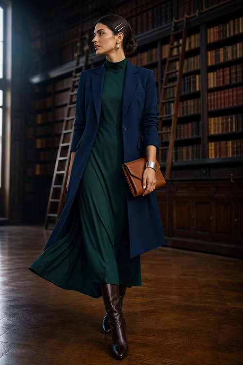 Navy Coat and Emerald Dress Outfit A woman wears a navy long coat over a dark emerald dress with brown knee-high boots and a brown clutch.