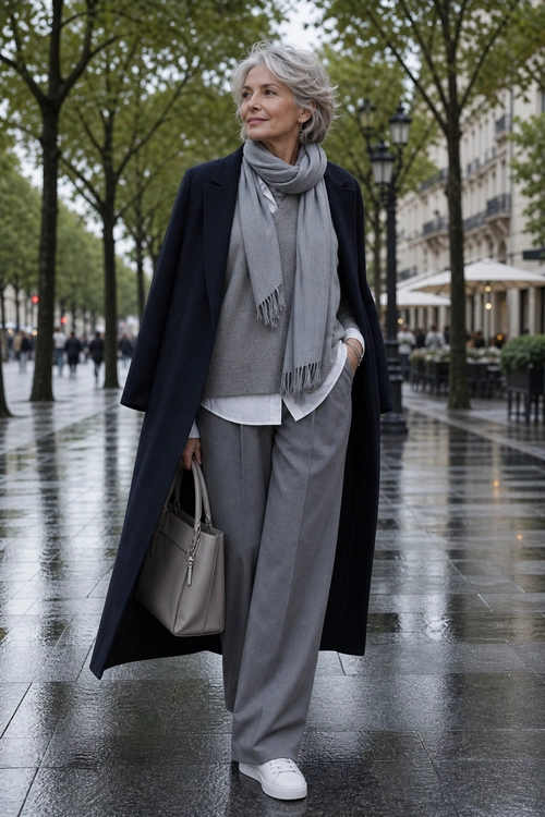 Navy Coat and Gray Layers A woman wears a long navy coat over gray layers with a scarf, wide-leg trousers, white sneakers, and a taupe tote bag.