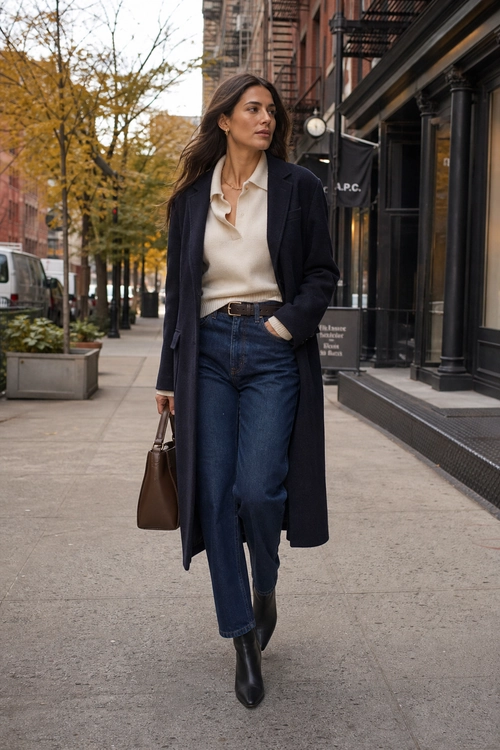 A woman wears a long navy coat over a cream blouse with blue jeans, black ankle boots, and a brown leather handbag on a city sidewalk.