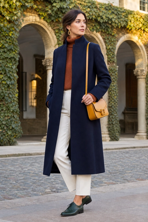 Navy Coat and Rust Turtleneck Outfit A woman wears a long navy coat over a rust turtleneck sweater with cream trousers, dark green loafers, gold earrings, and a mustard shoulder bag.