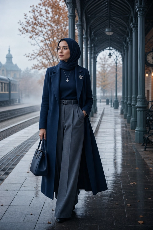 Elegant Navy Coat and Wide-Leg Trousers A woman wearing a navy long coat, black hijab, dark top, and gray wide-leg trousers with a structured handbag.