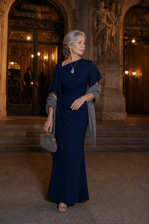 A woman wears a floor-length navy dress with flutter sleeves, a gray fringed shawl, a pendant necklace, and a metallic beaded handbag.