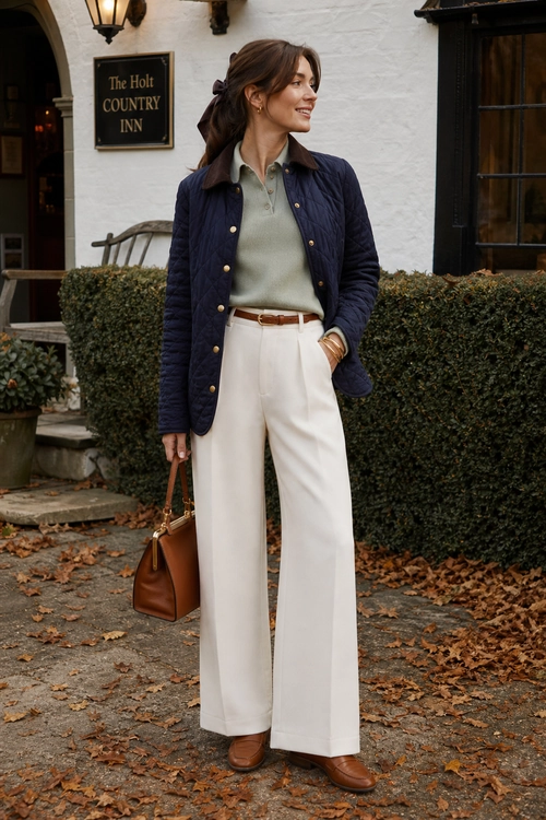 A woman wears a navy quilted jacket over a sage green collared top with white wide-leg trousers, brown shoes, a brown belt, and a matching leather handbag.