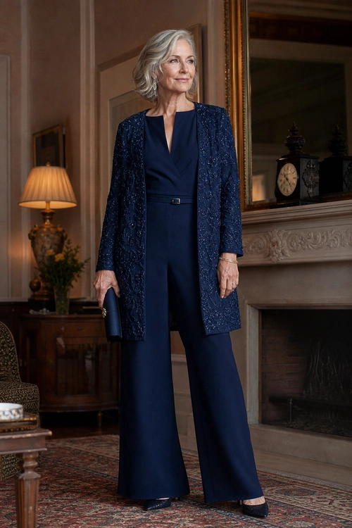 A woman wears a navy wide-leg jumpsuit with a textured open duster jacket, pointed heels, and a matching clutch.