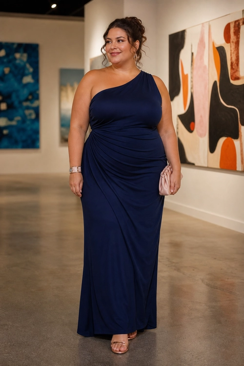 A navy one-shoulder draped maxi dress styled with a pale pink clutch, silver watch, and nude sandals in an art gallery.
