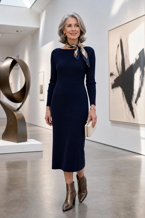 Navy Ribbed Midi Dress Outfit A navy ribbed midi dress styled with a patterned neck scarf, brown pointed ankle boots, and a cream clutch.