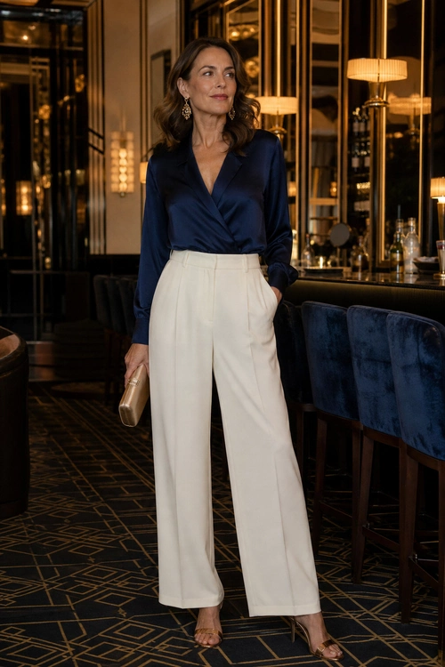 Woman wearing a navy satin wrap blouse with high-waisted white wide-leg trousers, gold earrings, a metallic clutch, and strappy heels.