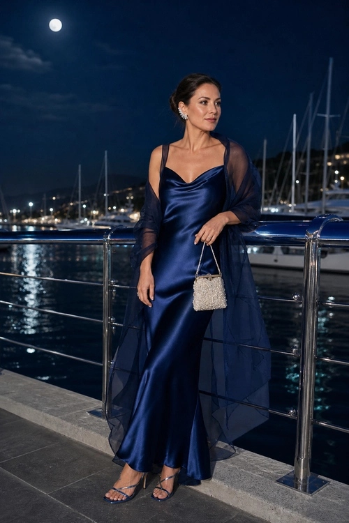 Woman wearing a navy satin slip dress with a sheer wrap, embellished mini bag, statement earrings, and strappy heels by a marina at night.