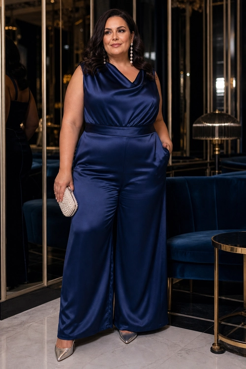A woman wears a navy satin sleeveless wide-leg jumpsuit with silver drop earrings, a beaded clutch, and metallic pointed-toe shoes.