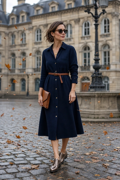 Navy Shirt Dress with Brown Belt Woman wearing a navy long-sleeve shirt dress with a braided brown belt, brown clutch, sunglasses, and lace-up ankle boots.