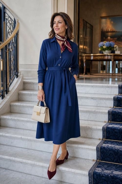 Woman wearing a navy belted shirt dress with a burgundy neck scarf, burgundy pointed heels, and a cream handbag.