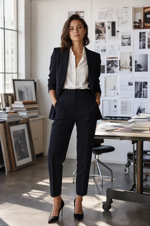 Navy Tailored Suit with White Blouse Woman wearing a navy blazer, white blouse, tailored trousers, and black pointed-toe heels in a studio workspace.
