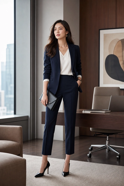 Navy Tailored Office Suit A woman wears a navy blazer and trousers with an ivory blouse, black pointed heels, and a black clutch.