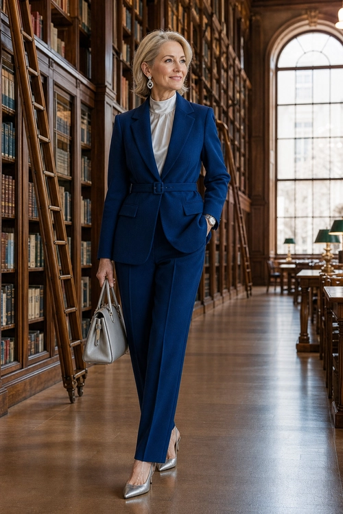 Navy Tailored Suit with Ivory Blouse A woman wears a navy belted blazer and matching trousers with an ivory high-neck blouse, silver pointed pumps, and a light gray handbag.