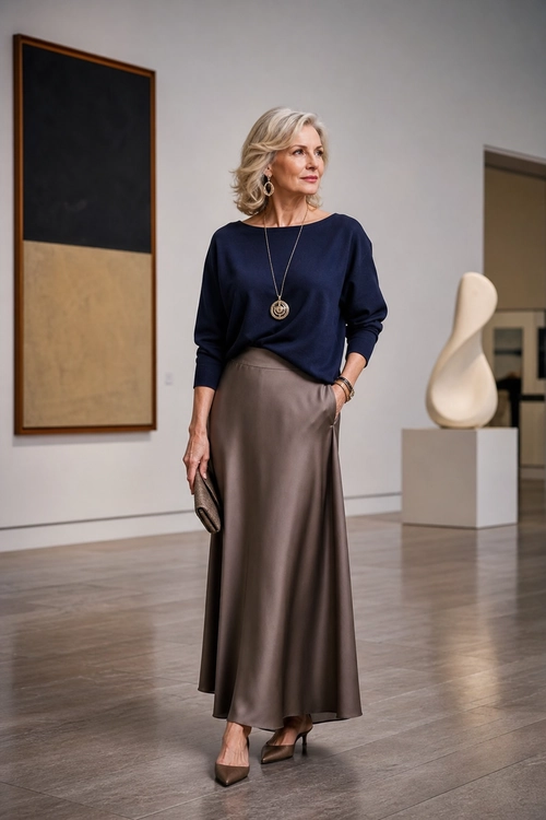 Navy Top and Satin Maxi Skirt Woman wearing a navy long-sleeve top with a taupe satin maxi skirt, pointed heels, jewelry, and a clutch.