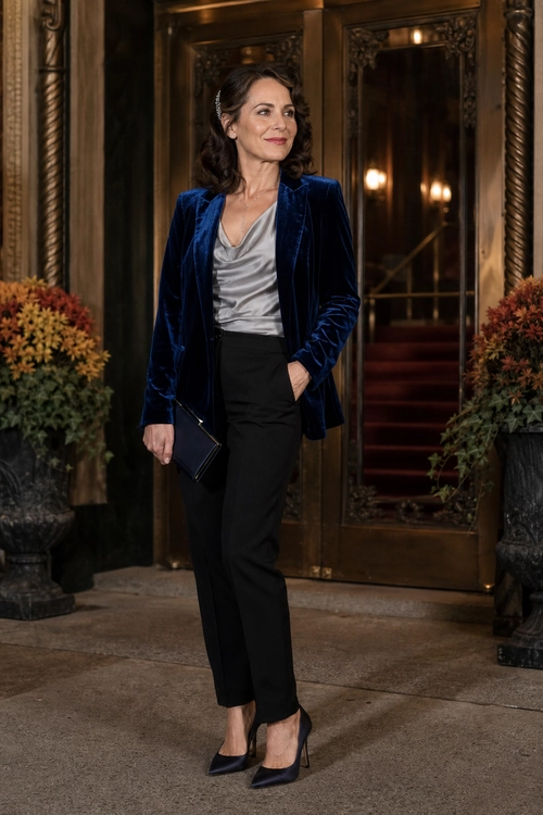 Navy Velvet Blazer Evening Outfit A polished outfit featuring a navy velvet blazer, silver satin top, black trousers, pointed heels, and a dark clutch.