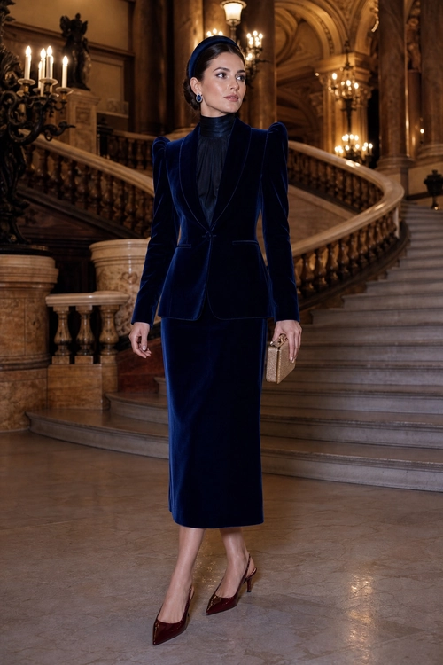 Navy Velvet Blazer and Midi Skirt A woman wears a navy velvet blazer with a high-neck blouse, matching midi skirt, burgundy pointed heels, and a small clutch.