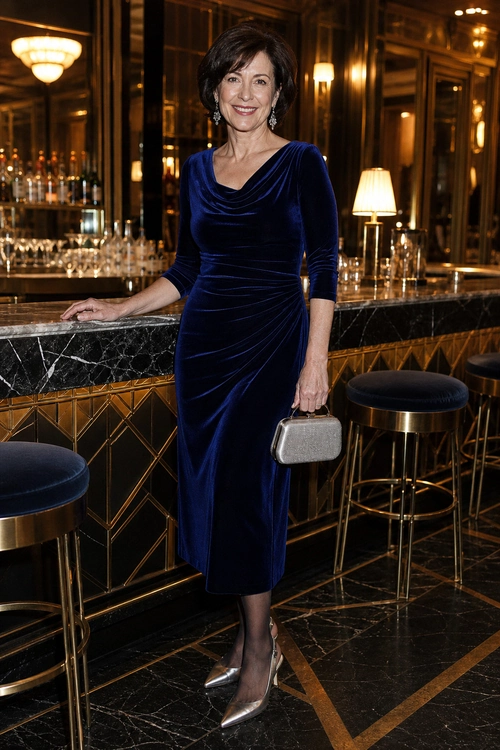 A woman wears a navy velvet midi dress with a draped neckline, silver pointed heels, and a silver clutch.