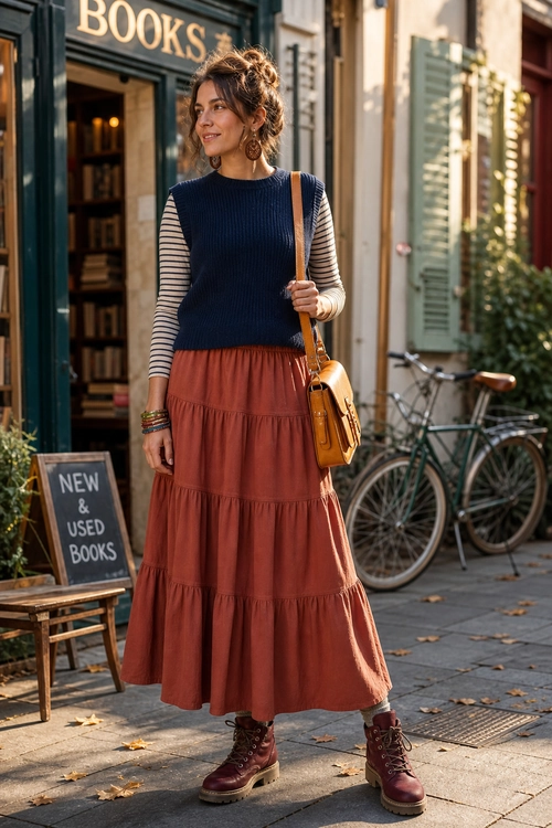 A casual outfit featuring a navy sweater vest over a striped long-sleeve top, a rust tiered maxi skirt, burgundy lace-up boots, and a tan crossbody bag.