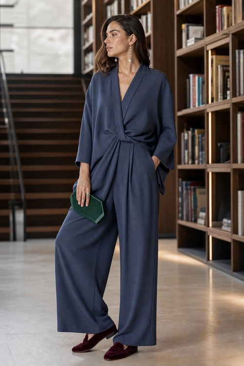 Navy Wrap Jumpsuit Outfit A woman wears a navy wrap-front wide-leg jumpsuit with burgundy flats and carries a green clutch.