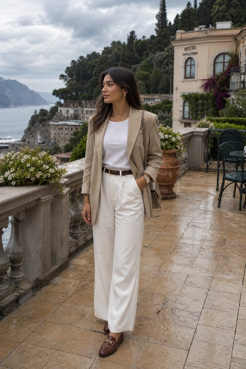 Woman wearing a beige blazer, white top, ivory wide-leg trousers, brown belt, and brown loafers on a seaside terrace.