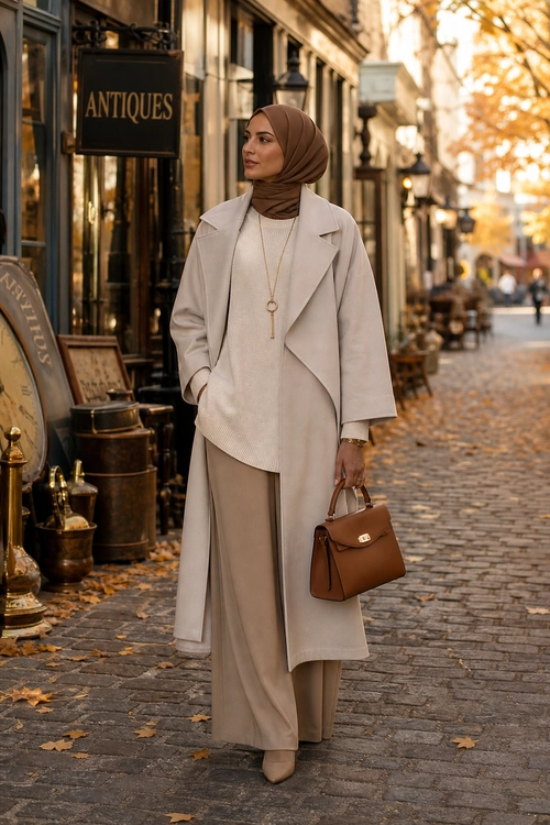 Neutral Layered City Look A woman wears a beige long coat over a cream sweater and wide-leg trousers with a brown hijab, pointed shoes, pendant necklace, and structured handbag.