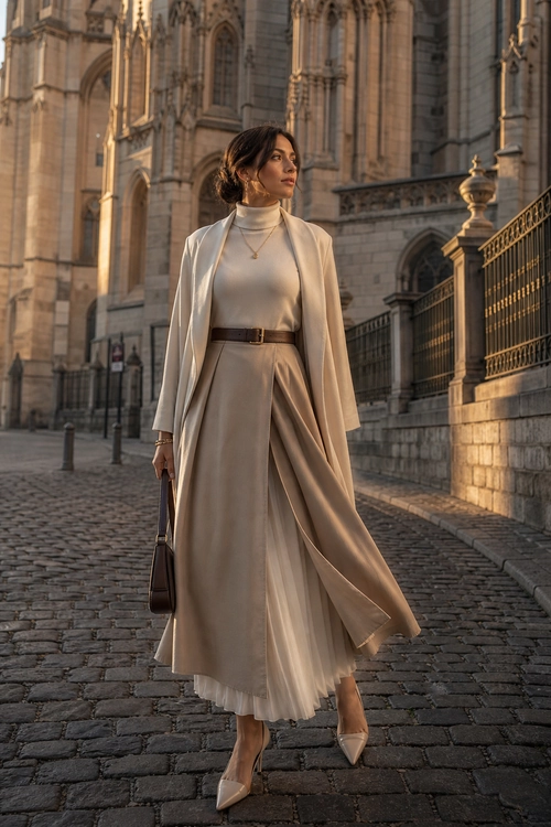 Elegant Neutral Layered Outfit A woman wears a cream turtleneck, flowing beige coat, belted pleated skirt, pointed heels, and carries a small dark handbag on a cobblestone street.