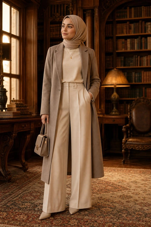 Elegant Neutral Layered Outfit Woman wearing a taupe hijab, long tailored coat, cream top, wide-leg trousers, pointed shoes, and a structured handbag.