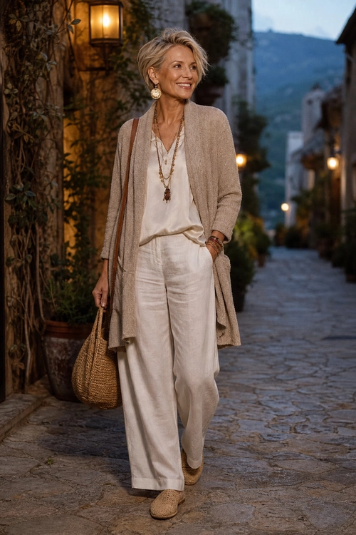 A woman wears a long beige cardigan over a light blouse and wide-leg trousers with woven shoes and a woven shoulder bag.