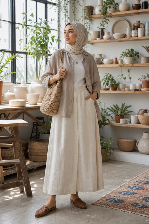 Neutral Layered Modest Outfit A person wearing a beige hijab, lightweight beige overshirt, cream top, long cream skirt, woven shoulder bag, and brown slip-on shoes.