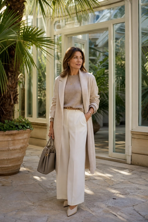 Elegant Neutral Layered Outfit Woman wearing a long beige cardigan, knit top, cream wide-leg trousers, pointed-toe heels, and carrying a taupe handbag.