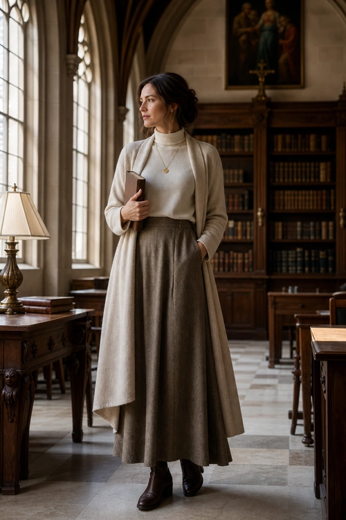 Elegant Neutral Library Look A woman wears a cream turtleneck, long beige cardigan, taupe midi skirt, dark ankle boots, and a pendant necklace while holding a book in a library.