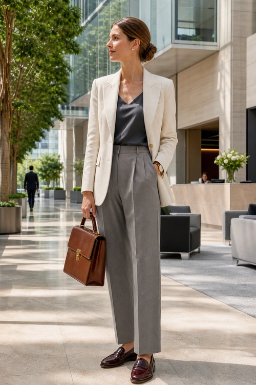 Polished Neutral Office Outfit A woman wears an ivory blazer, dark satin blouse, gray tailored trousers, burgundy loafers, and carries a structured brown handbag.