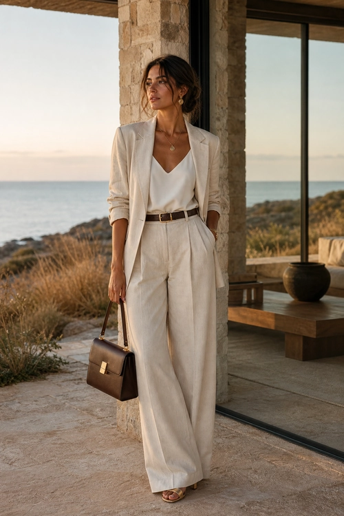 Elegant Neutral Resort Suit Woman wearing a light beige blazer, white camisole, wide-leg trousers, brown belt, brown handbag, jewelry, and sandals by the sea.