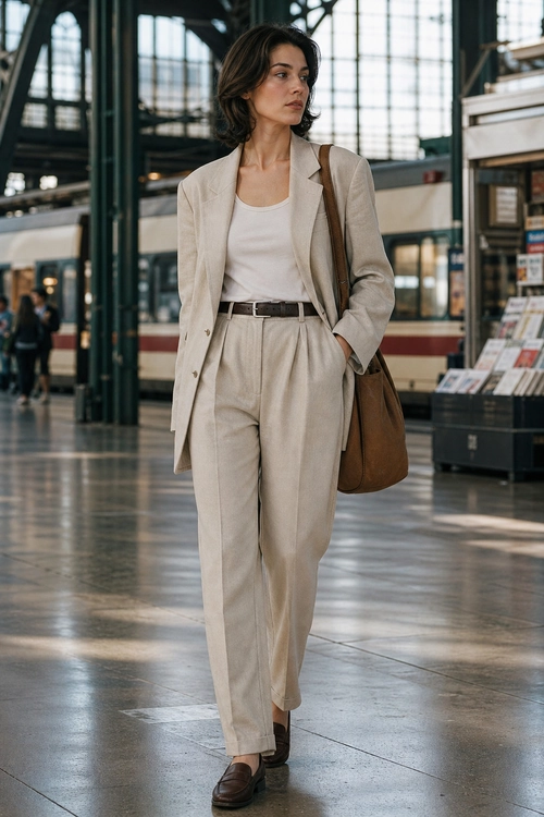 Neutral Tailored Travel Look A woman wears a beige blazer and high-waisted trousers with a white tank top, brown belt, leather shoulder bag, and loafers.