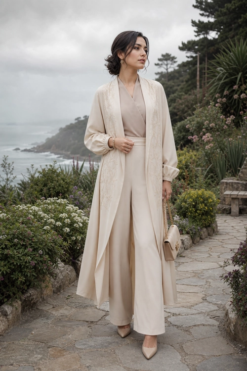 Elegant Neutral-Toned Wide-Leg Outfit A woman wears a neutral-toned wide-leg outfit with a long open-front layer, pointed shoes, and a small shoulder bag on a coastal garden path.