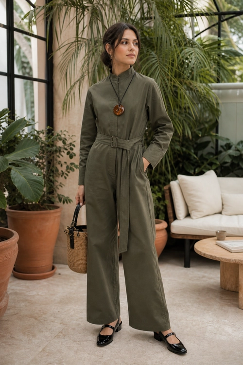 Olive Green Belted Jumpsuit Outfit Person wearing an olive green belted jumpsuit with black strap flats, a pendant necklace, and a woven handbag.