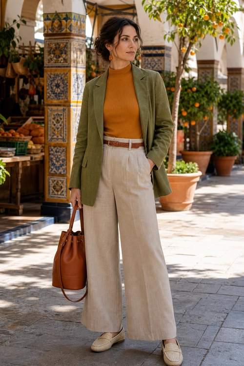 Olive Blazer and Wide-Leg Trousers A woman wears an olive blazer over a mustard knit top with cream wide-leg trousers, woven flats, and a brown leather tote.