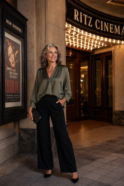 Olive Blouse and Black Wide-Leg Trousers A woman wears an olive V-neck blouse with black wide-leg trousers, pointed heels, and a small black clutch outside a cinema.