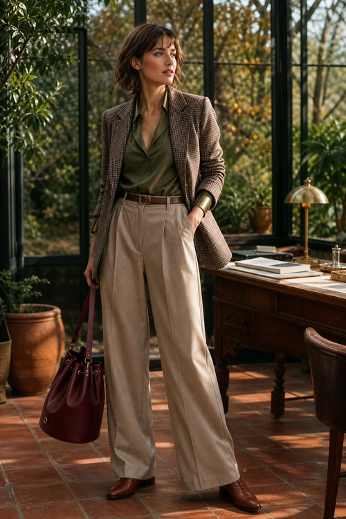 A tailored outfit featuring an olive blouse, brown checked blazer, beige wide-leg trousers, brown shoes, and a burgundy handbag.