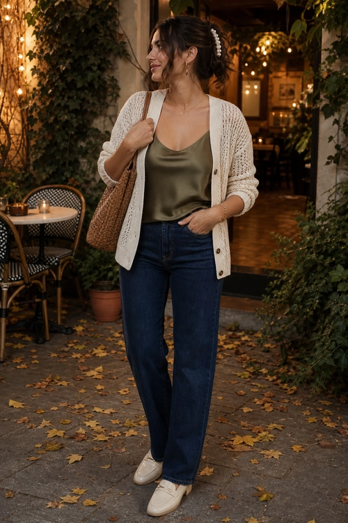 Olive Camisole with Cream Cardigan and Jeans A woman wears an olive camisole, cream open-knit cardigan, dark blue jeans, white sneakers, and carries a woven brown tote.