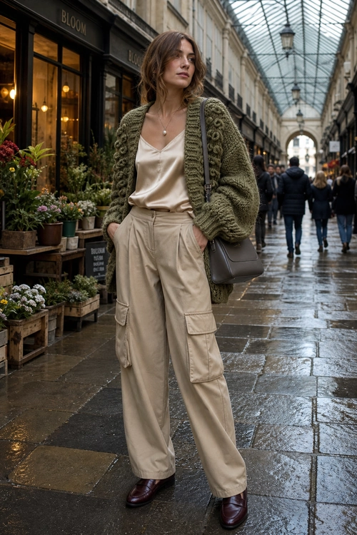 A woman wears an olive knit cardigan over a cream satin camisole with beige cargo trousers, dark loafers, and a crossbody bag.