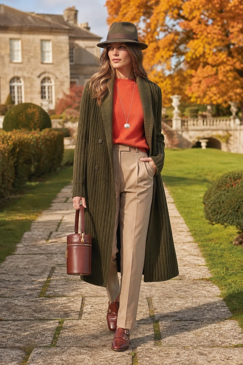 Olive Cardigan and Tailored Trousers A woman wears an olive ribbed long cardigan over a rust top with beige tailored trousers, brown loafers, a wide-brim hat, and a burgundy handbag.