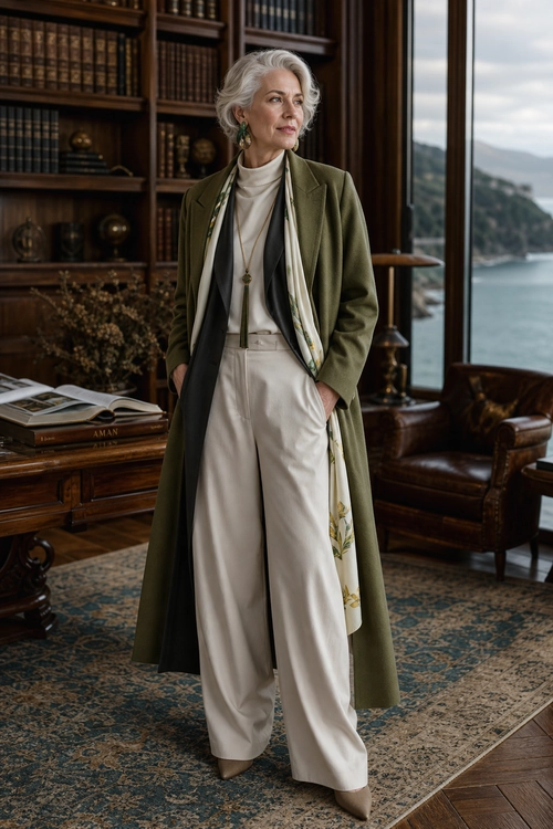 Olive Coat with Cream Wide-Leg Trousers An elegant outfit featuring an olive long coat, cream turtleneck, wide-leg trousers, and a draped patterned scarf.