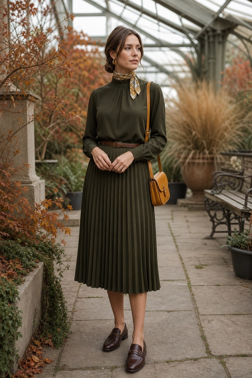 Olive Green Pleated Skirt Outfit A woman wearing an olive green high-neck blouse and pleated midi skirt with a brown belt, patterned neck scarf, tan shoulder bag, and brown loafers.