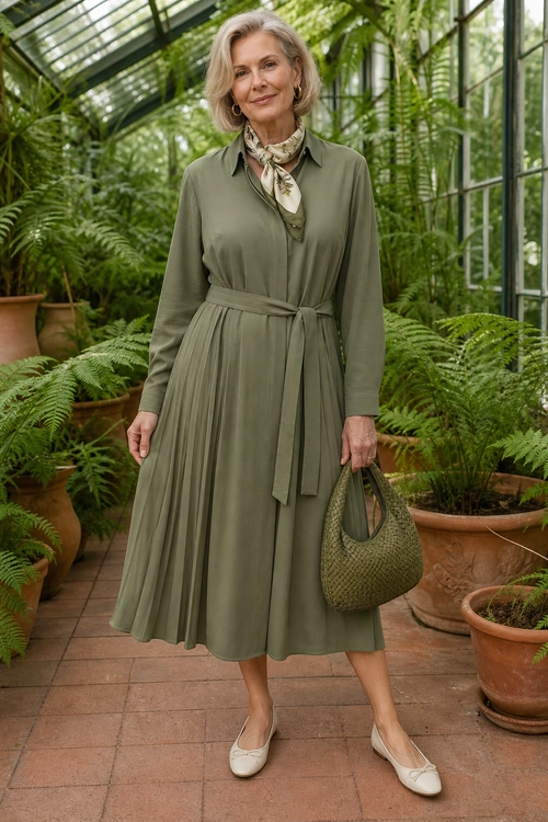 Olive Green Shirtwaist Midi Dress A woman wears an olive green long-sleeve shirtwaist midi dress with a printed neck scarf, woven handbag, and cream flats.