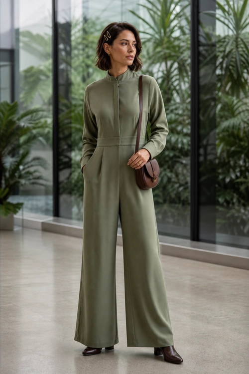 Woman wearing an olive green long-sleeve wide-leg jumpsuit with dark brown ankle boots and a brown crossbody bag.