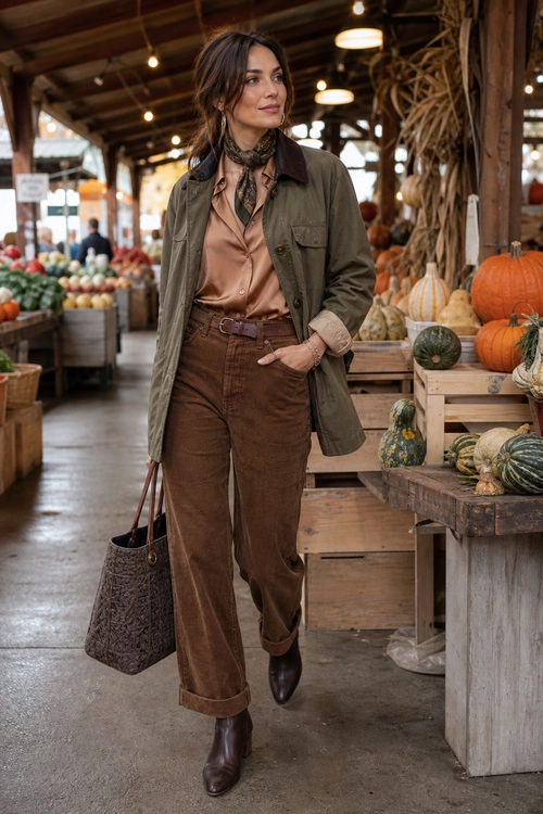 A woman wears an olive utility jacket, satin blouse, patterned neck scarf, brown cuffed corduroy pants, ankle boots, and a dark tote bag.